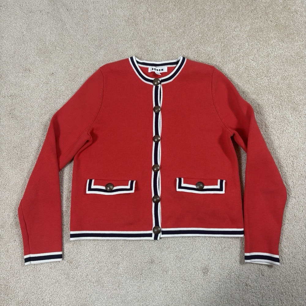 Boden Holly Knitted Cardigan Size 6 Red White Blue Piping Cotton Nautical